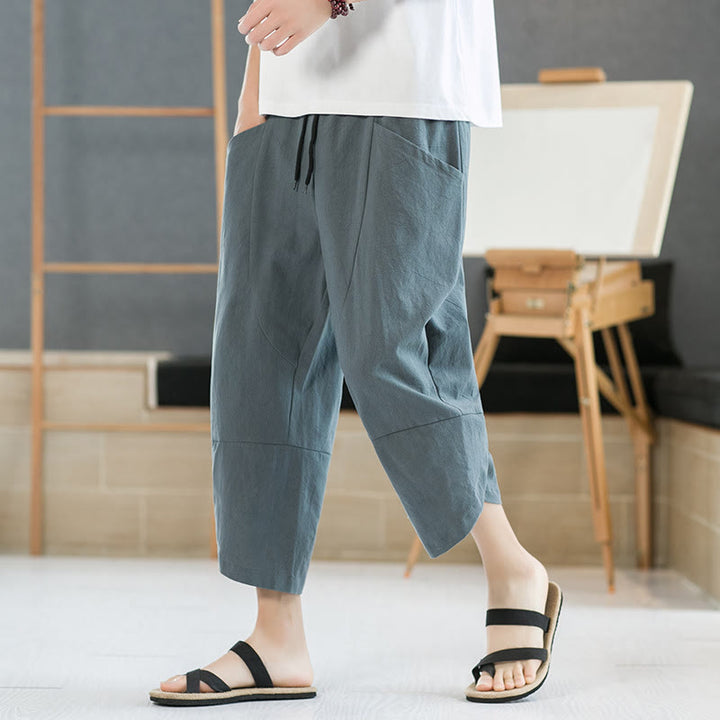 Buddha Stones Summer Men's Solid Color 7-8 Length Cotton Linen Drawstring Pants With Pockets