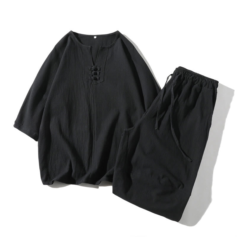 Buddha Stones 2Pcs Plain Notched Collar T-Shirt 7-8 Length Wide Leg Shorts With Pockets Cotton Linen Men's Meditation Cloth Set