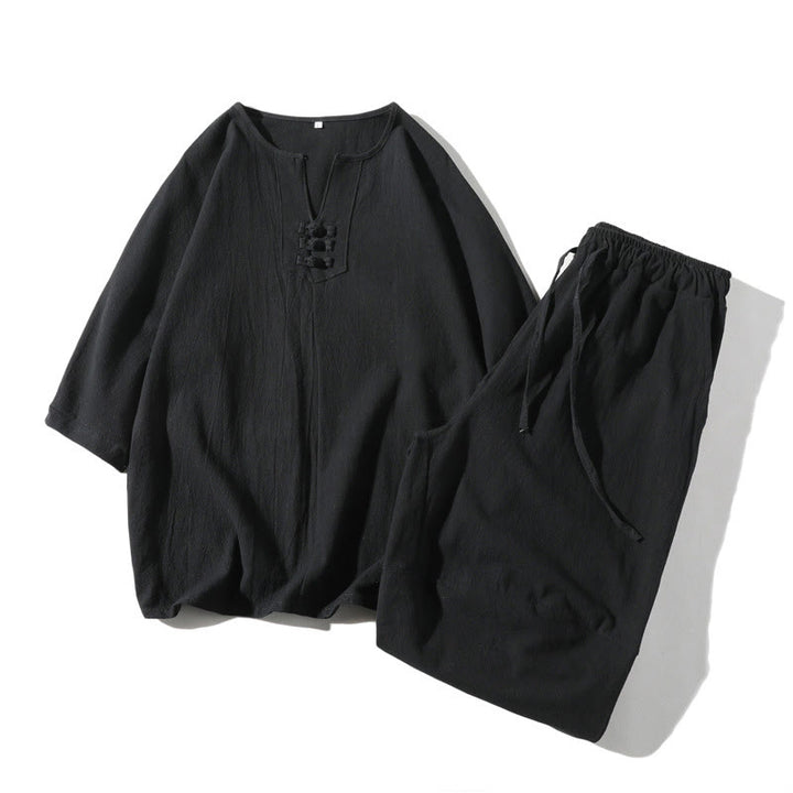 Buddha Stones 2Pcs Plain Notched Collar T-Shirt 7-8 Length Wide Leg Shorts With Pockets Cotton Linen Men's Meditation Cloth Set