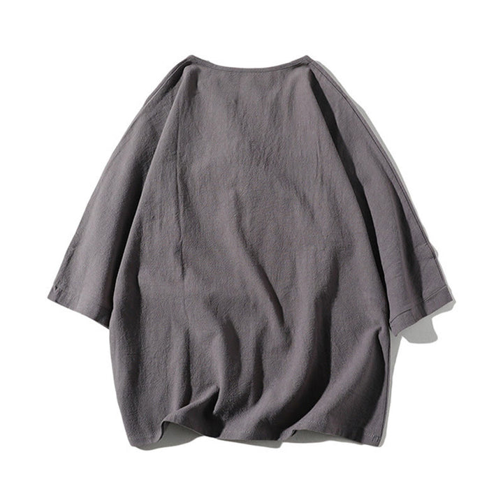 Buddha Stones 2Pcs Plain Notched Collar T-Shirt Wide Leg Shorts With Pockets Men's Meditation Cloth Set - image 2