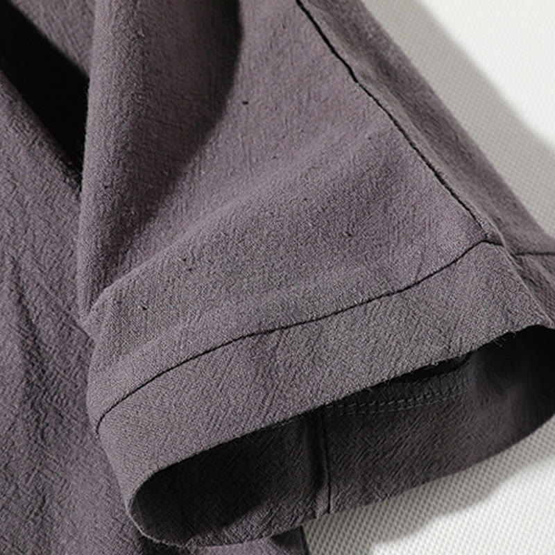 Buddha Stones 2Pcs Plain Notched Collar T-Shirt 7-8 Length Wide Leg Shorts With Pockets Cotton Linen Men's Meditation Cloth Set