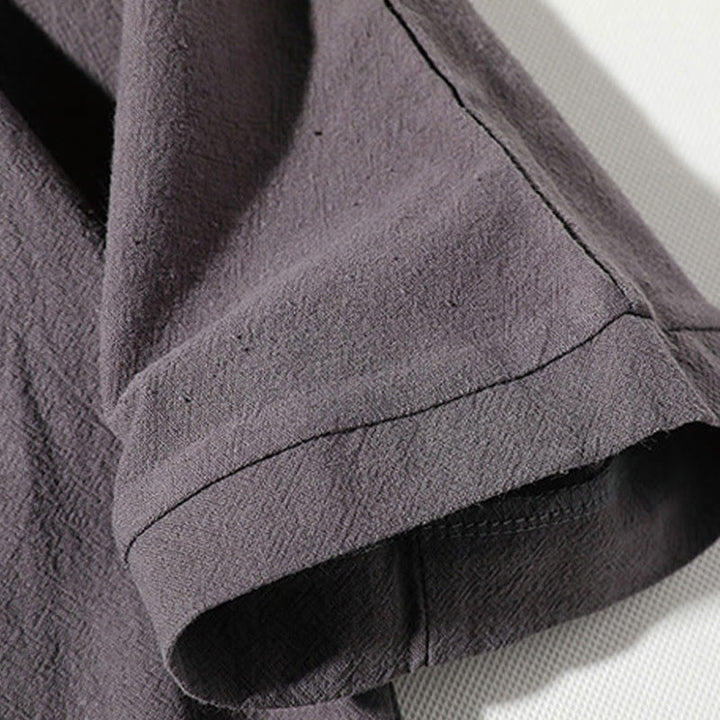 Buddha Stones 2Pcs Plain Notched Collar T-Shirt 7-8 Length Wide Leg Shorts With Pockets Cotton Linen Men's Meditation Cloth Set
