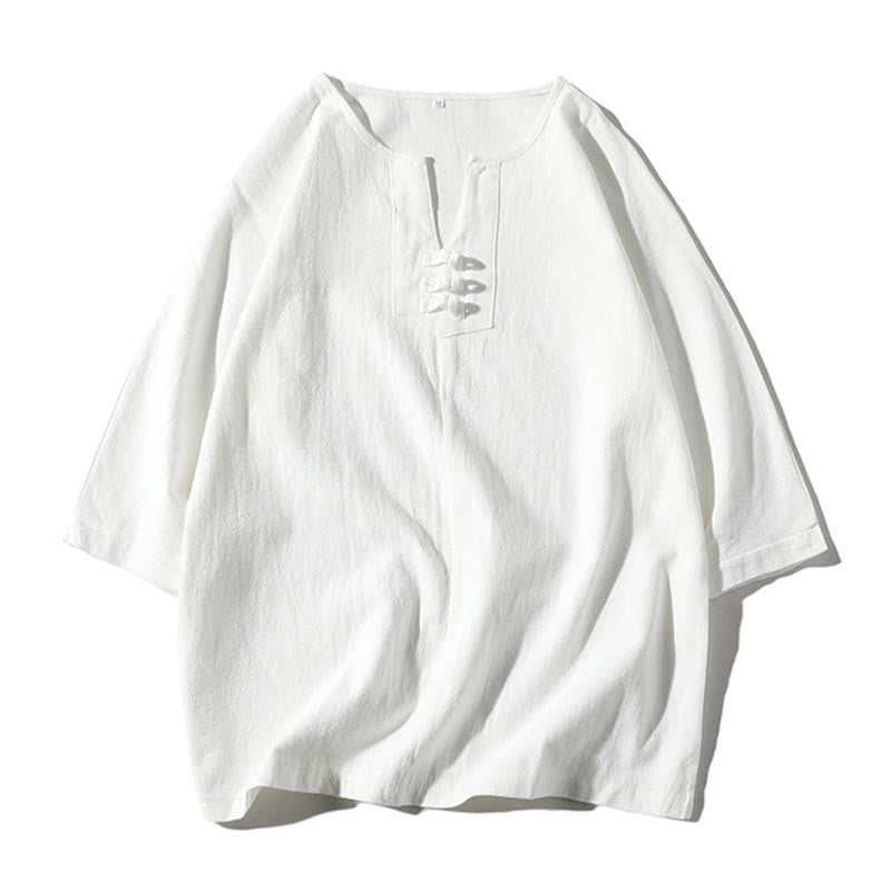 Buddha Stones 2Pcs Plain Notched Collar T-Shirt 7-8 Length Wide Leg Shorts With Pockets Cotton Linen Men's Meditation Cloth Set