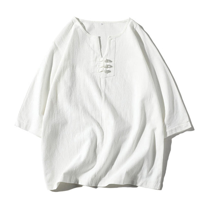 Buddha Stones 2Pcs Plain Notched Collar T-Shirt 7-8 Length Wide Leg Shorts With Pockets Cotton Linen Men's Meditation Cloth Set