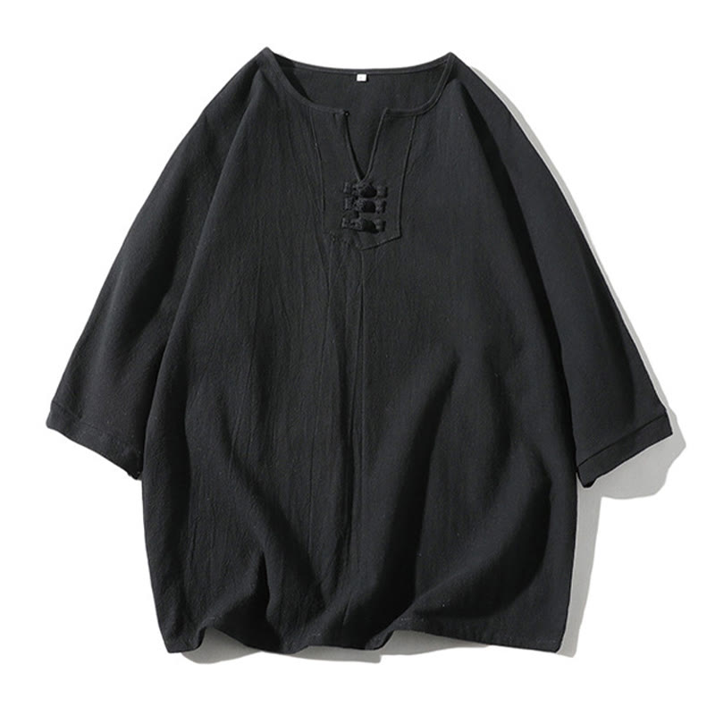 Buddha Stones 2Pcs Plain Notched Collar T-Shirt Wide Leg Shorts With Pockets Men's Meditation Cloth Set - image 19