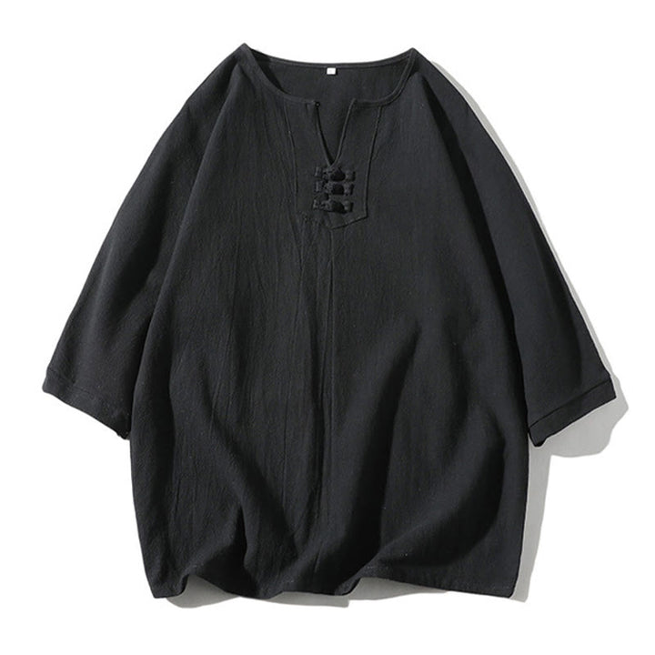 Buddha Stones 2Pcs Plain Notched Collar T-Shirt Wide Leg Shorts With Pockets Men's Meditation Cloth Set - image 19