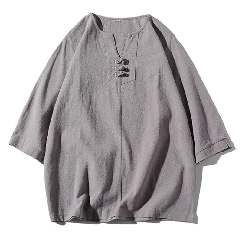 Buddha Stones 2Pcs Plain Notched Collar T-Shirt Wide Leg Shorts With Pockets Men's Meditation Cloth Set - image 21