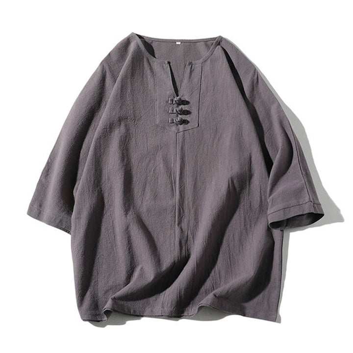 Buddha Stones 2Pcs Plain Notched Collar T-Shirt 7-8 Length Wide Leg Shorts With Pockets Cotton Linen Men's Meditation Cloth Set