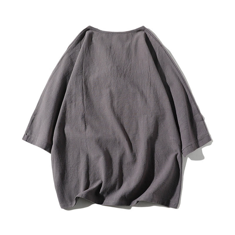 Buddha Stones 2Pcs Plain Notched Collar T-Shirt Wide Leg Shorts With Pockets Men's Meditation Cloth Set - image 2