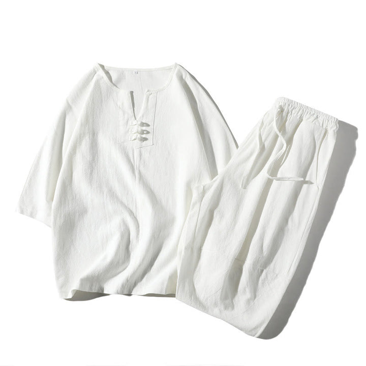 Buddha Stones 2Pcs Plain Notched Collar T-Shirt 7-8 Length Wide Leg Shorts With Pockets Cotton Linen Men's Meditation Cloth Set