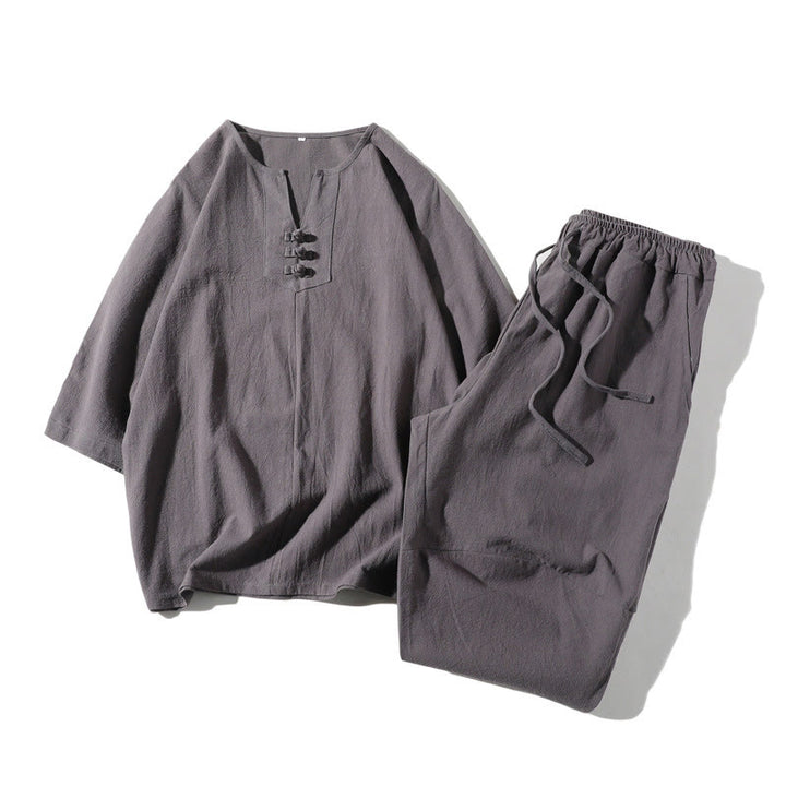 Buddha Stones 2Pcs Plain Notched Collar T-Shirt 7-8 Length Wide Leg Shorts With Pockets Cotton Linen Men's Meditation Cloth Set
