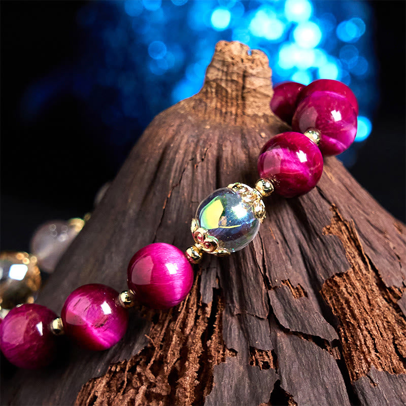 Buddha Stones Natural Red Tiger Eye Purple Tiger Eye Beads Green Leaf Protection Bracelet - image 2