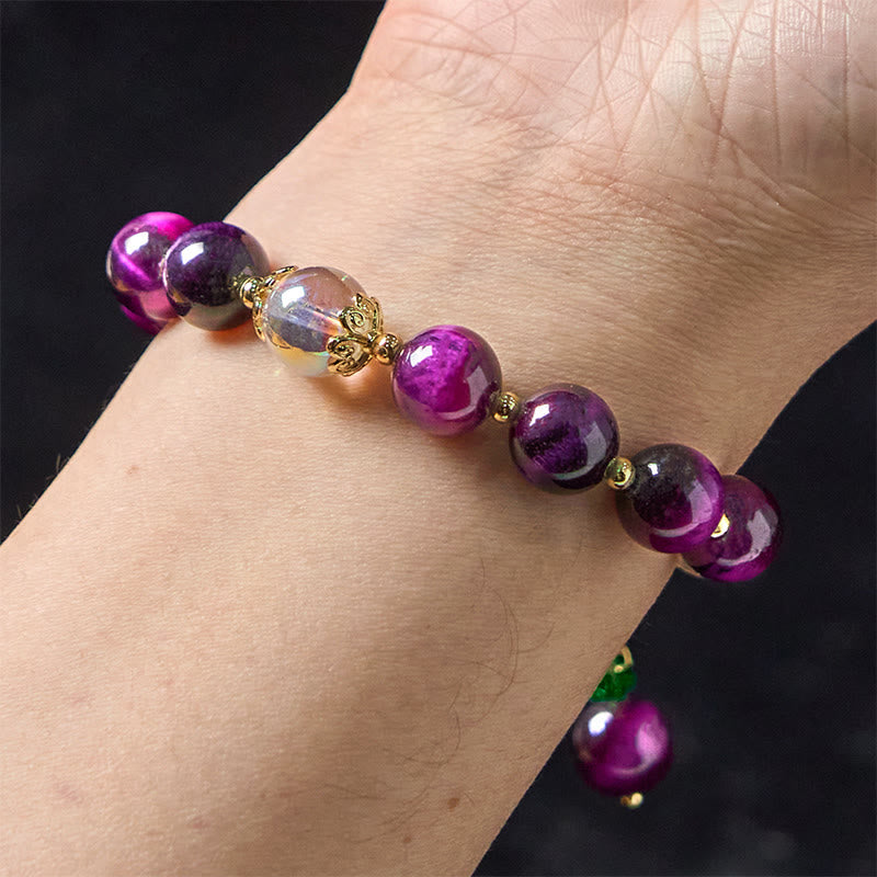 Buddha Stones Natural Red Tiger Eye Purple Tiger Eye Beads Green Leaf Protection Bracelet - image 14
