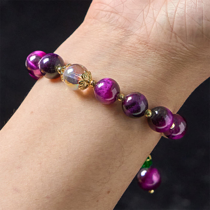Buddha Stones Natural Red Tiger Eye Purple Tiger Eye Beads Green Leaf Protection Bracelet - image 14