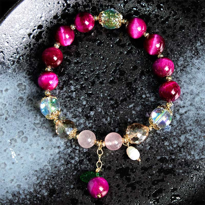 Buddha Stones Natural Red Tiger Eye Purple Tiger Eye Beads Green Leaf Protection Bracelet