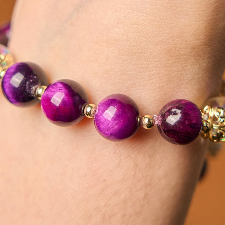 Buddha Stones Natural Red Tiger Eye Purple Tiger Eye Beads Green Leaf Protection Bracelet - image 13