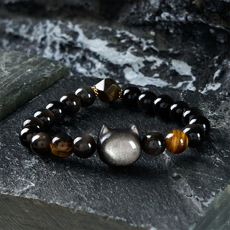 Buddha Stones Natural Silver Sheen Obsidian Beads Cute Cat Soothing Bracelet - 21-22CM - image 1