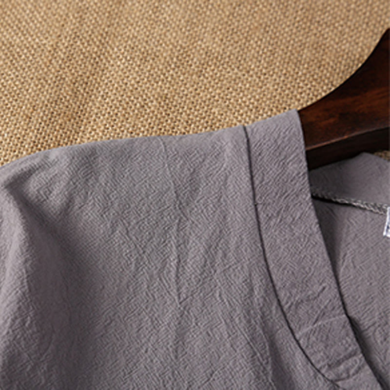 Buddha Stones Summer Casual 2Pcs Plain Notched Collar T-Shirt Drawstring Shorts With Pockets Cotton Linen Men's Meditation Cloth Set