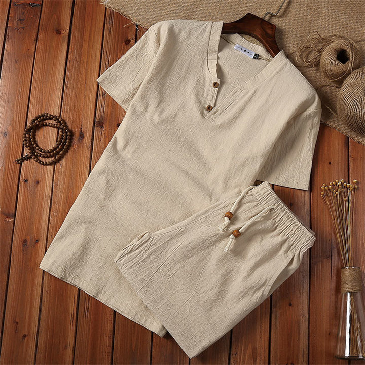 Buddha Stones Summer Casual 2Pcs Plain Notched Collar T-Shirt Drawstring Shorts With Pockets Cotton Linen Men's Meditation Cloth Set