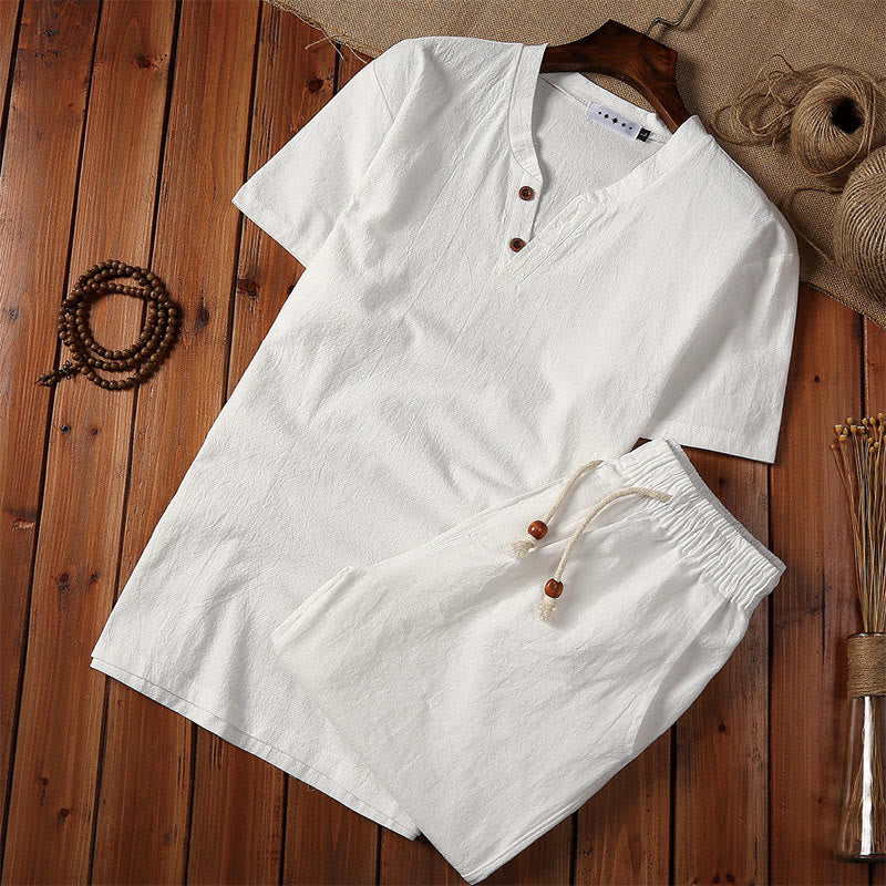 Buddha Stones Summer Casual 2Pcs Plain Notched Collar T-Shirt Drawstring Shorts With Pockets Cotton Linen Men's Meditation Cloth Set