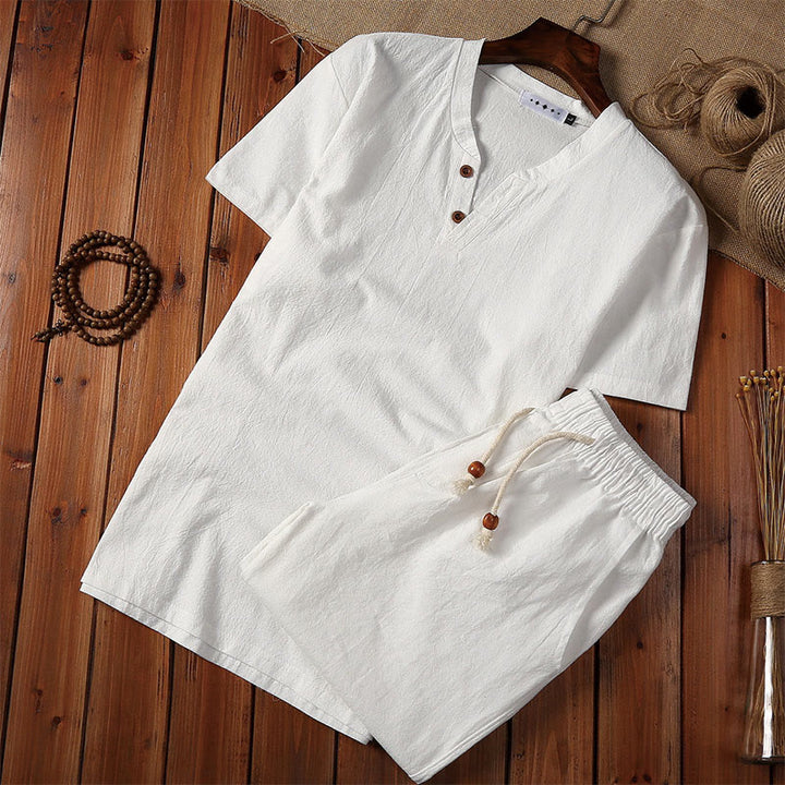 Buddha Stones Summer Casual 2Pcs Plain Notched Collar T-Shirt Drawstring Shorts With Pockets Cotton Linen Men's Meditation Cloth Set