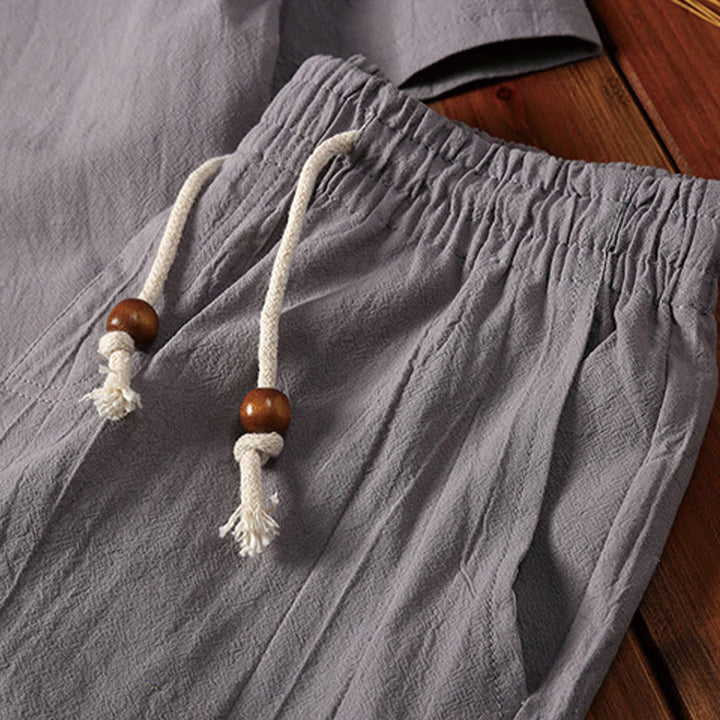 Buddha Stones Summer Casual 2Pcs Plain Notched Collar T-Shirt Drawstring Shorts With Pockets Cotton Linen Men's Meditation Cloth Set