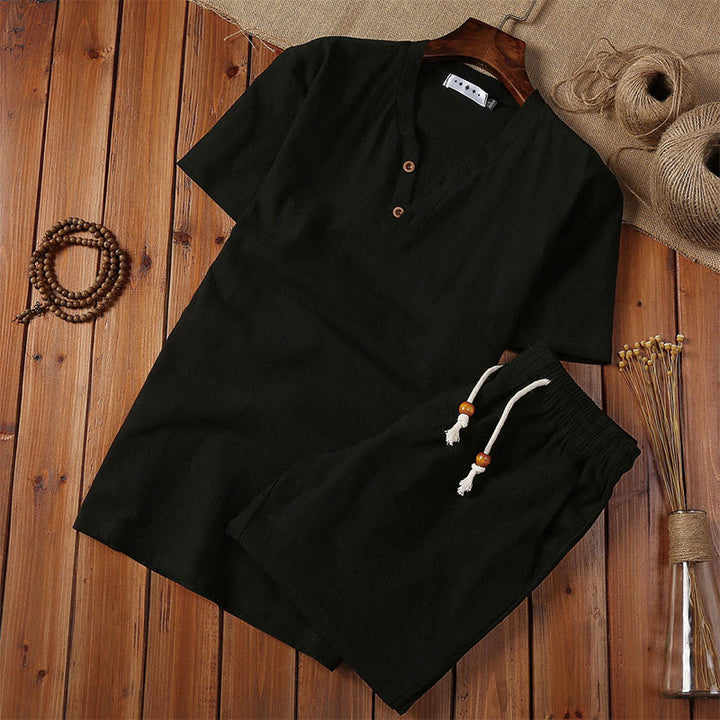 Buddha Stones Summer Casual 2Pcs Plain Notched Collar T-Shirt Drawstring Shorts With Pockets Cotton Linen Men's Meditation Cloth Set