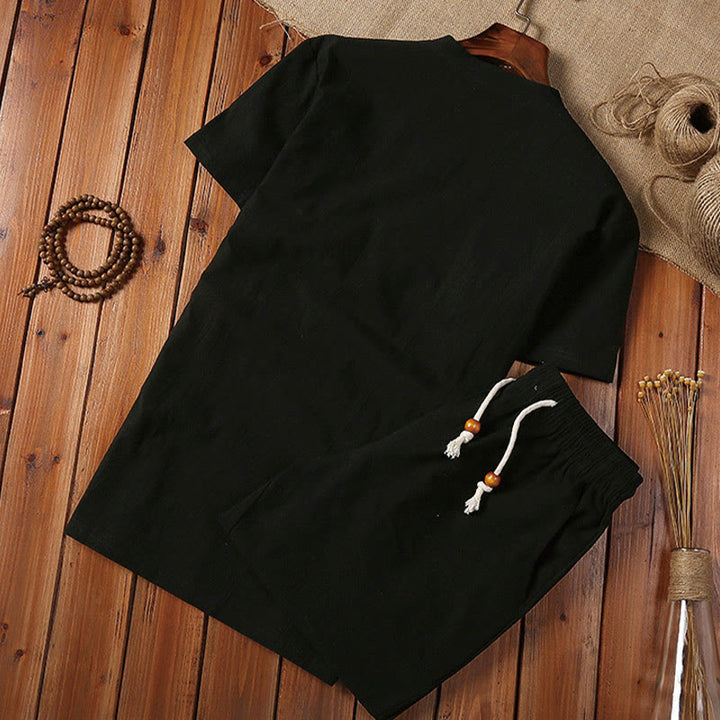 Buddha Stones Summer Casual 2Pcs Plain Notched Collar T-Shirt Drawstring Shorts With Pockets Cotton Linen Men's Meditation Cloth Set