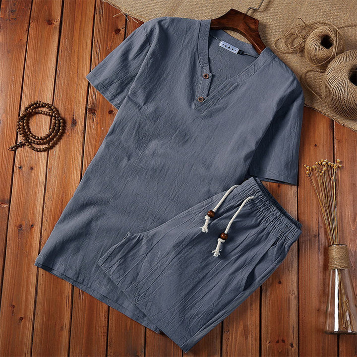 Buddha Stones Summer Casual 2Pcs Plain Notched Collar T-Shirt Drawstring Shorts With Pockets Cotton Linen Men's Meditation Cloth Set