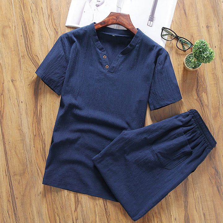 Buddha Stones Casual 2Pcs Pure Color V-Neck T-Shirt Shorts With Pockets Cotton Linen Men's Meditation Cloth Set