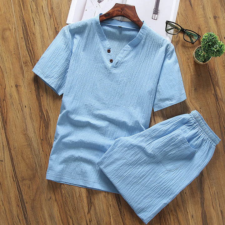 Buddha Stones Casual 2Pcs Pure Color V-Neck T-Shirt Shorts With Pockets Cotton Linen Men's Meditation Cloth Set