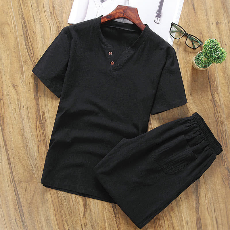 Buddha Stones Casual 2Pcs Pure Color V-Neck T-Shirt Shorts With Pockets Cotton Linen Men's Meditation Cloth Set