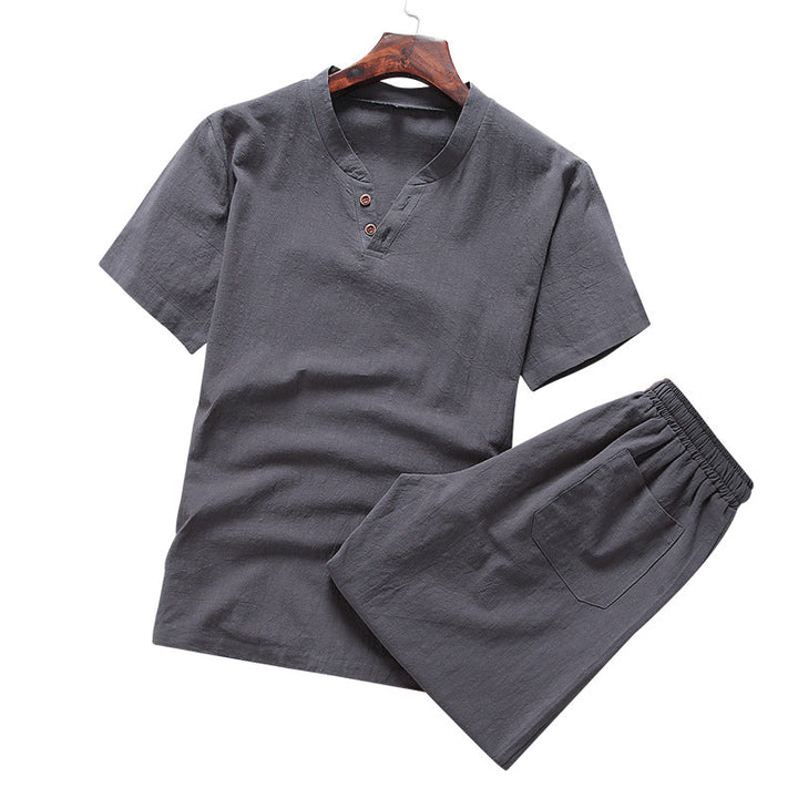 Buddha Stones Casual 2Pcs Pure Color V-Neck T-Shirt Shorts With Pockets Cotton Linen Men's Meditation Cloth Set
