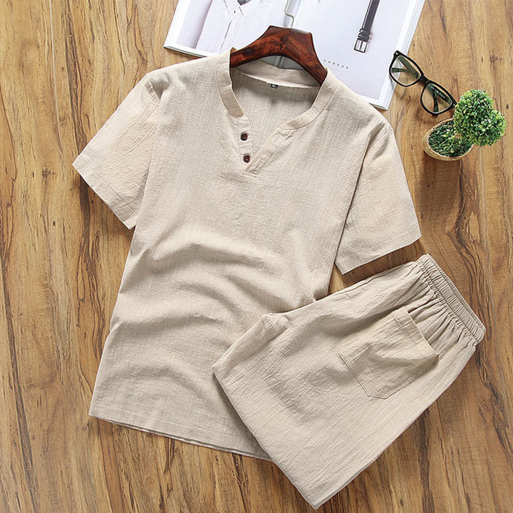 Buddha Stones Casual 2Pcs Pure Color V-Neck T-Shirt Shorts With Pockets Cotton Linen Men's Meditation Cloth Set