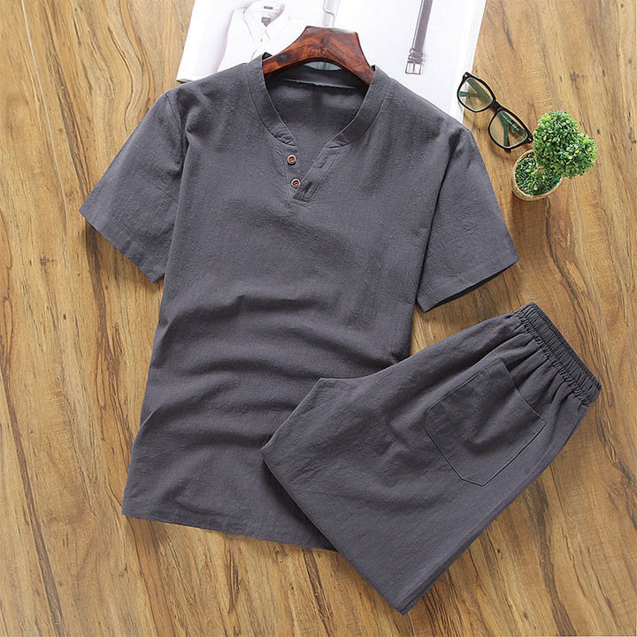 Buddha Stones Casual 2Pcs Pure Color V-Neck T-Shirt Shorts With Pockets Cotton Linen Men's Meditation Cloth Set