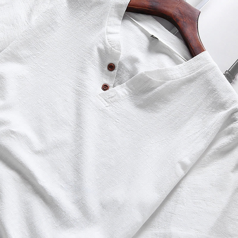 Buddha Stones Casual 2Pcs Pure Color V-Neck T-Shirt Shorts With Pockets Cotton Linen Men's Meditation Cloth Set