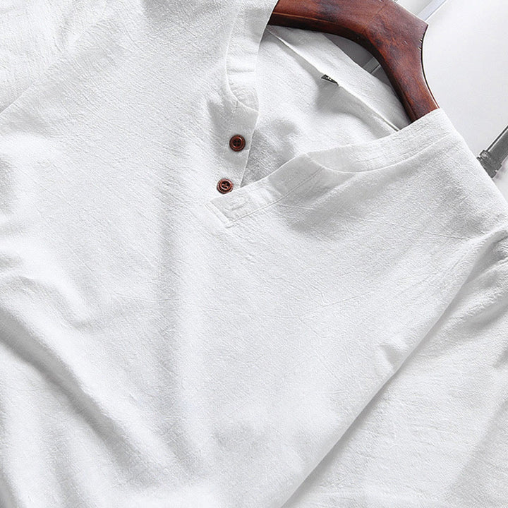 Buddha Stones Casual 2Pcs Pure Color V-Neck T-Shirt Shorts With Pockets Cotton Linen Men's Meditation Cloth Set