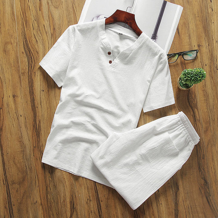 Buddha Stones Casual 2Pcs Pure Color V-Neck T-Shirt Shorts With Pockets Cotton Linen Men's Meditation Cloth Set
