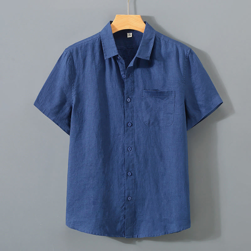 Buddha Stones Summer Casual Pure Color Button Cotton Men's Shirt WIth Pocket