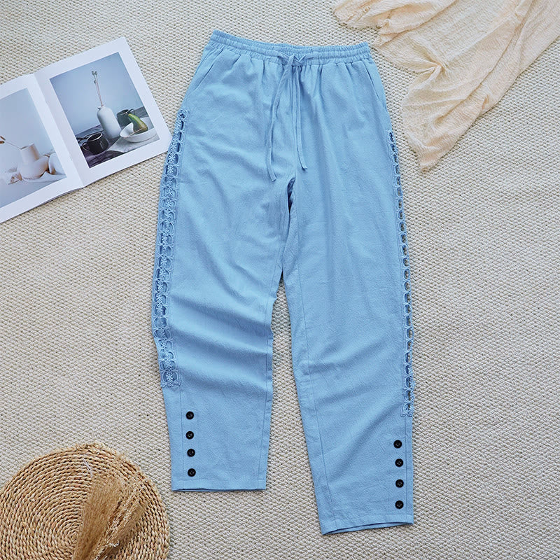 Buddha Stones Summer Plain Color Splicing Design Cotton Linen Women's Pants With Pockets - image 29