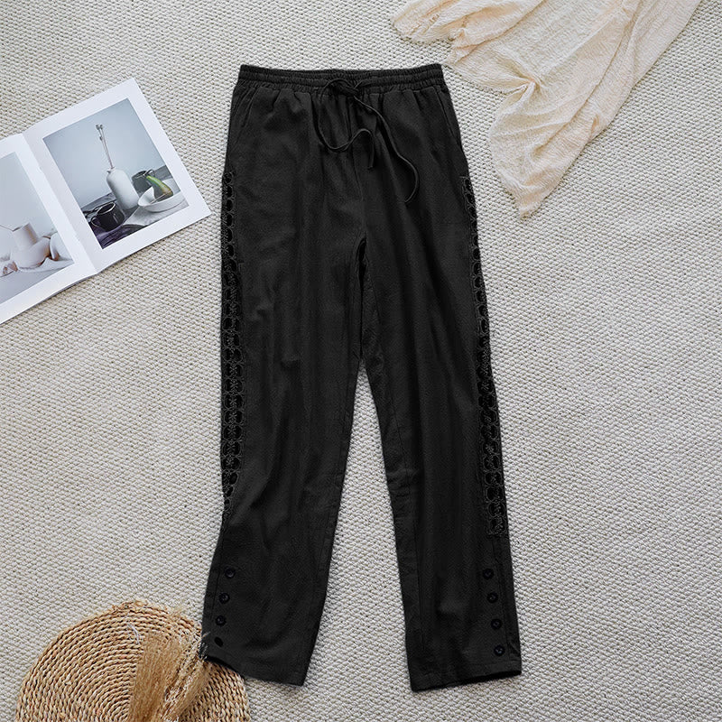 Buddha Stones Summer Plain Color Splicing Design Cotton Linen Women's Pants With Pockets - Black - US12，UK/AU16，EU44 (2XL) - image 7