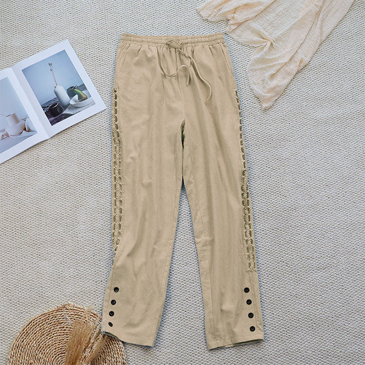 Buddha Stones Summer Plain Color Splicing Design Cotton Linen Women's Pants With Pockets - PaleGoldenrod - US12，UK/AU16，EU44 (2XL) - image 21