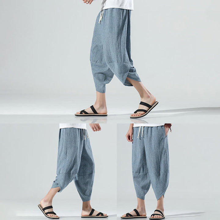 Buddha Stones Plain Simple Design Drawstring 7-8 Length Linen Men's Harem Pants With Pockets