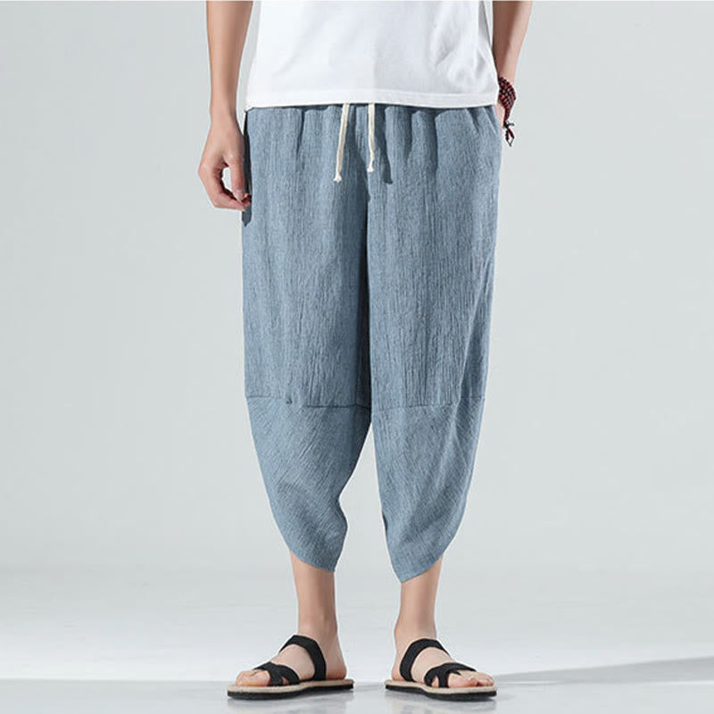 Buddha Stones Plain Simple Design Drawstring 7-8 Length Linen Men's Harem Pants With Pockets