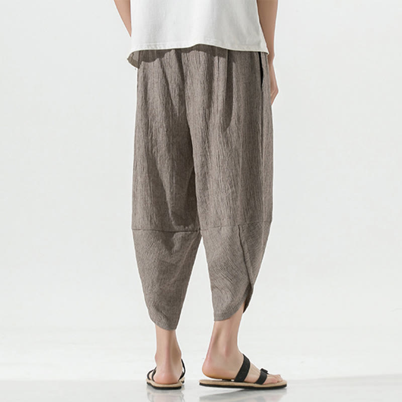 Buddha Stones Plain Simple Design Drawstring 7-8 Length Linen Men's Harem Pants With Pockets
