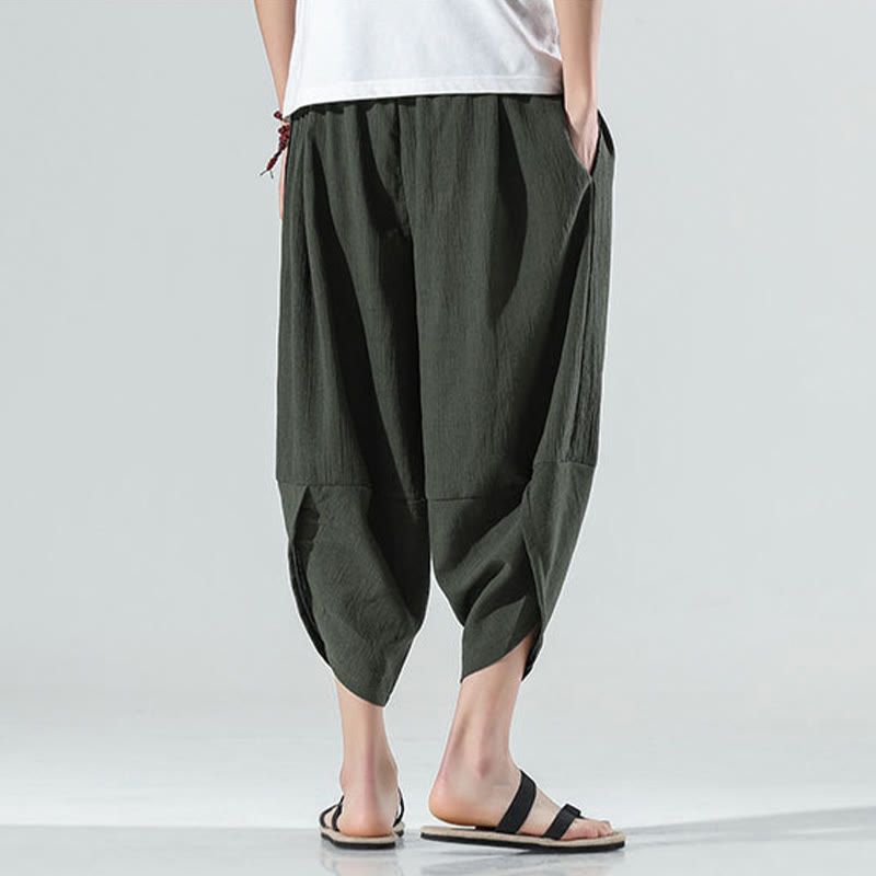 Buddha Stones Plain Simple Design Drawstring 7-8 Length Linen Men's Harem Pants With Pockets - image 24