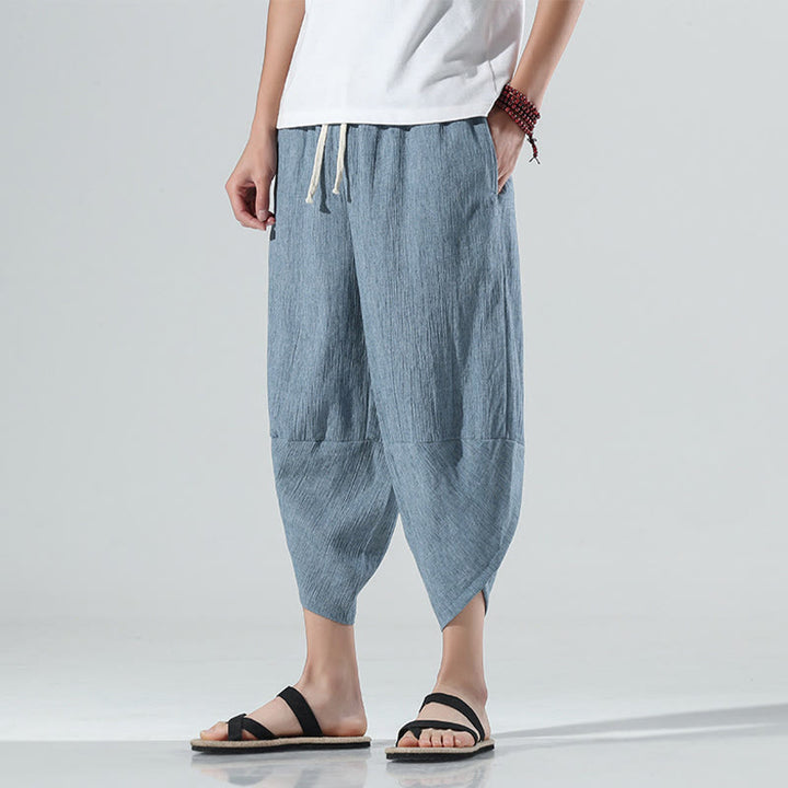 Buddha Stones Plain Simple Design Drawstring 7-8 Length Linen Men's Harem Pants With Pockets