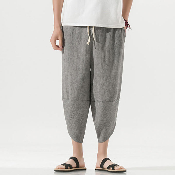 Buddha Stones Plain Simple Design Drawstring 7-8 Length Linen Men's Harem Pants With Pockets