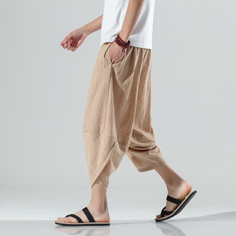 Buddha Stones Plain Simple Design Drawstring 7-8 Length Linen Men's Harem Pants With Pockets
