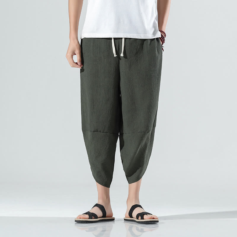 Buddha Stones Plain Simple Design Drawstring 7-8 Length Linen Men's Harem Pants With Pockets
